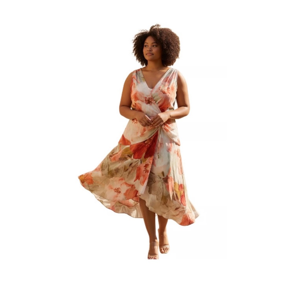 Donna Karan New York Floral Faux Wrap Asymmetric Midi Dress Womens 18W Resort